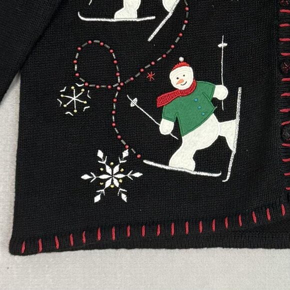 Designers Originals Studio JOY Cardigan Sweater Womens Large Black Xmas Snowmen - Picture 5 of 14